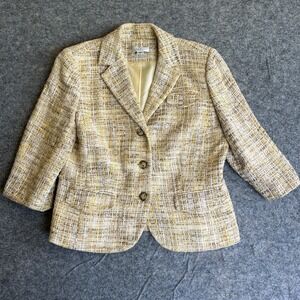 LOFT Blazer Womens 12 Petite Yellow White Plaid Textured Tweed Lined Jacket Chic